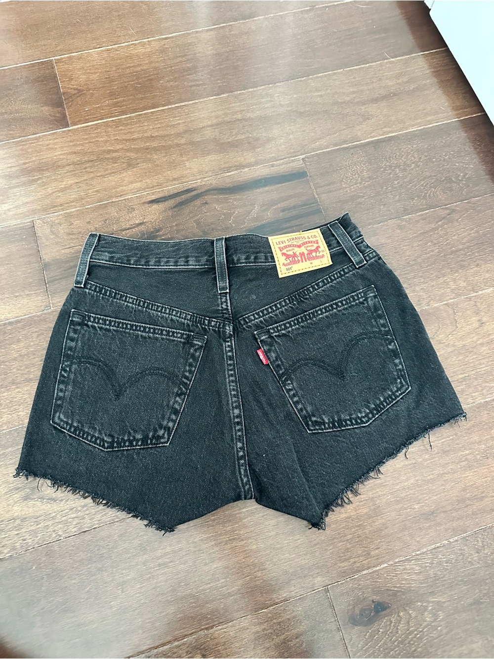 Levi's Black Washed Denim Shorts with Distressed Hem - Picture 4 of 4